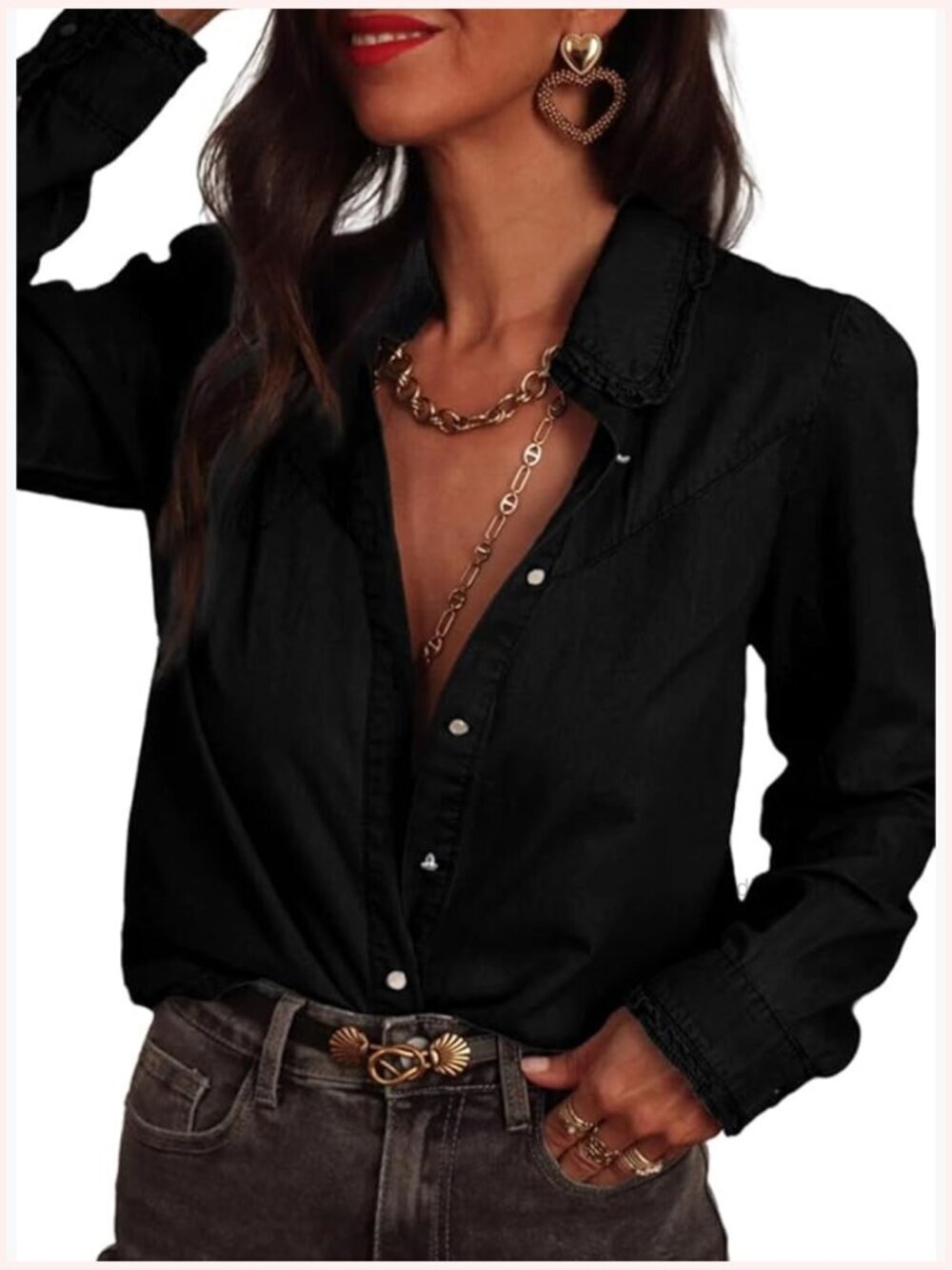 Ruffle V Neck Button Down Denim Shirt Casual Long Sleeve Trendy Chambray Top